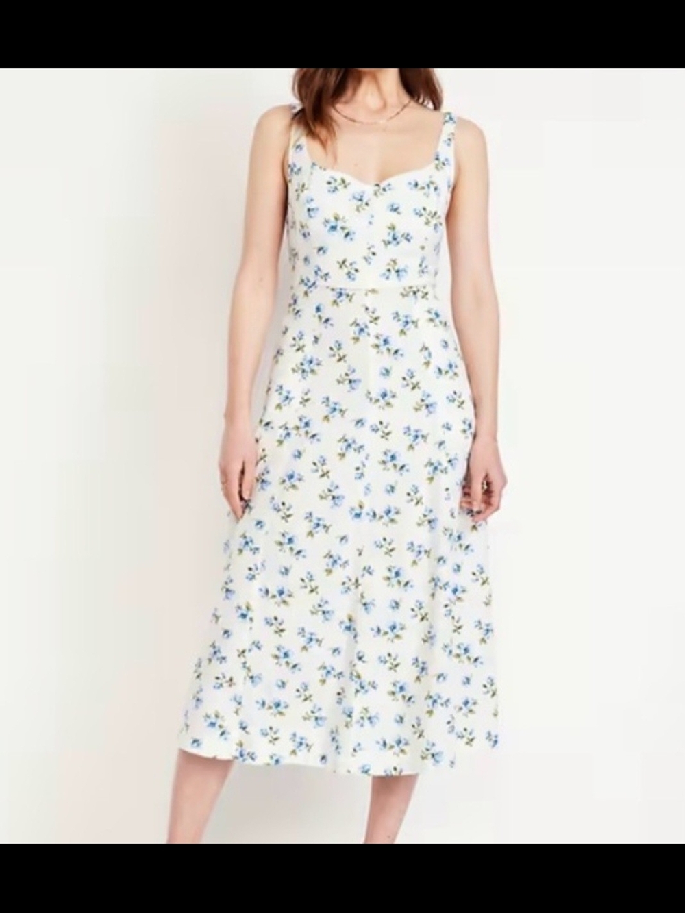 White Floral Square-Neck Midi Dress with Blue Blossoms